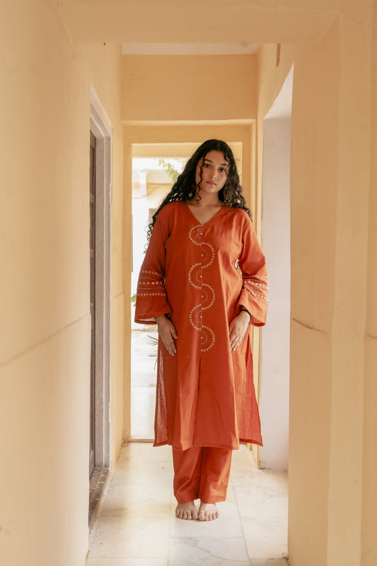 Rhea Rust Orange Hand Embroidered Easy Fit Cotton Kurta Set