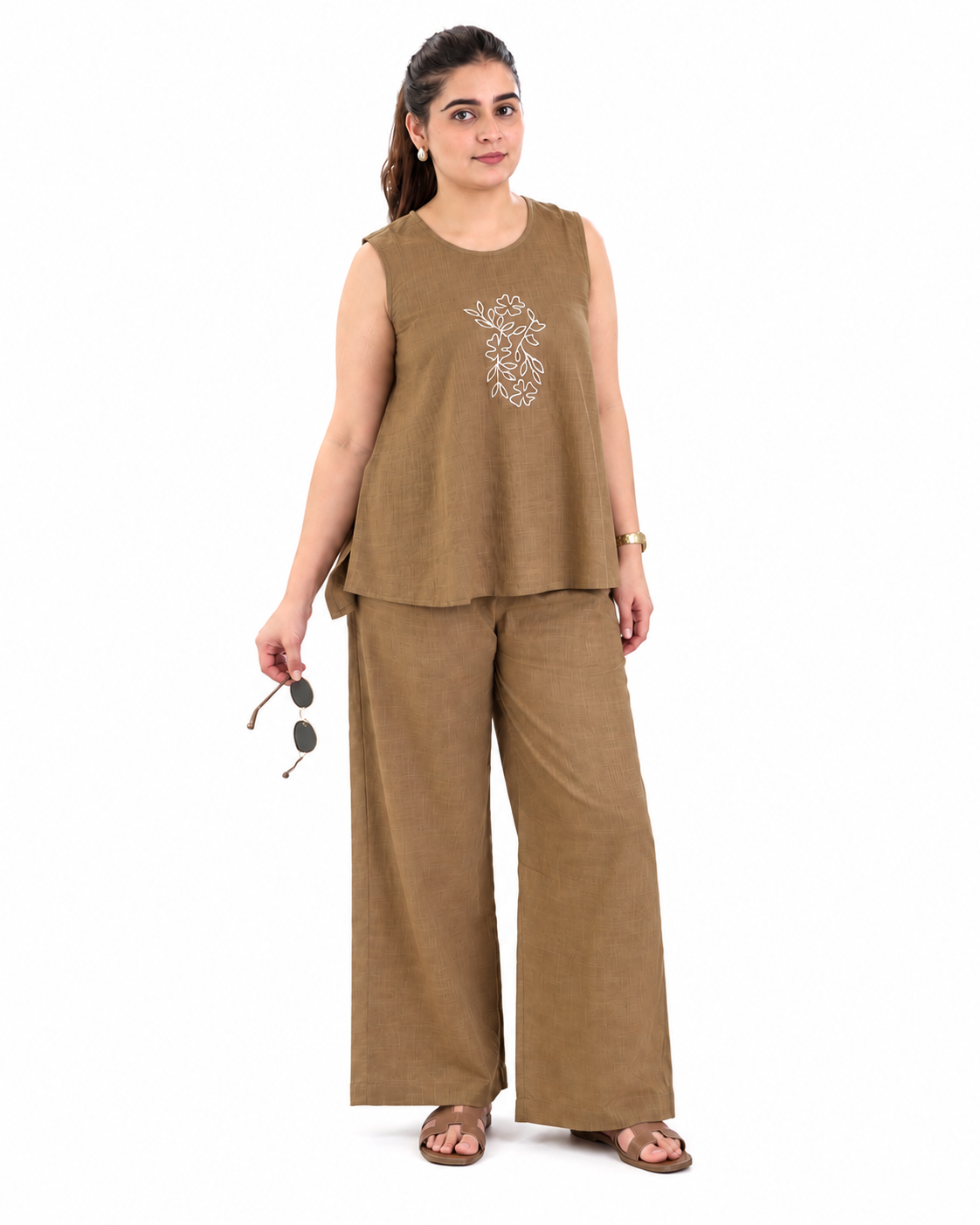 Aria Hand Embroidered Brown Slub Cotton Co-ord Set