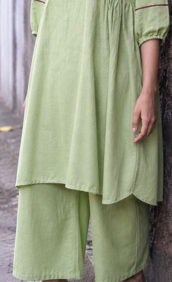 Gauri Sage Green Hand Embroidered Cotton Kurta Set