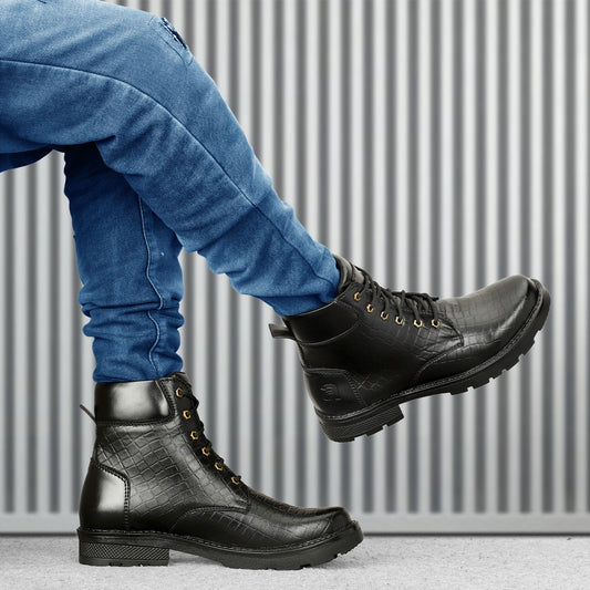 Premium Black Croc-Textured Leather Boots for Men