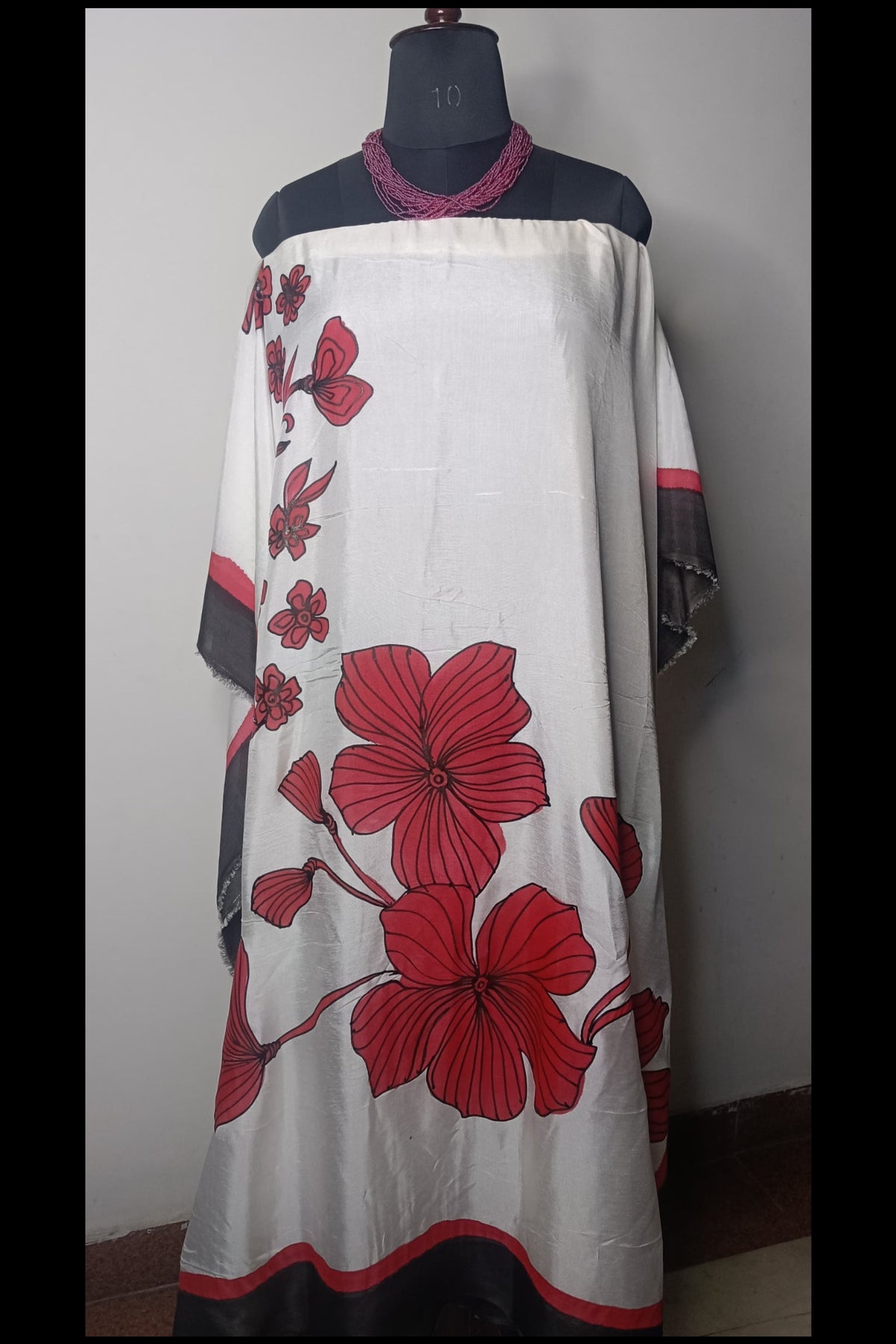Crimson Bloom Hand Painted Pure Muslin Kaftan Dress Material
