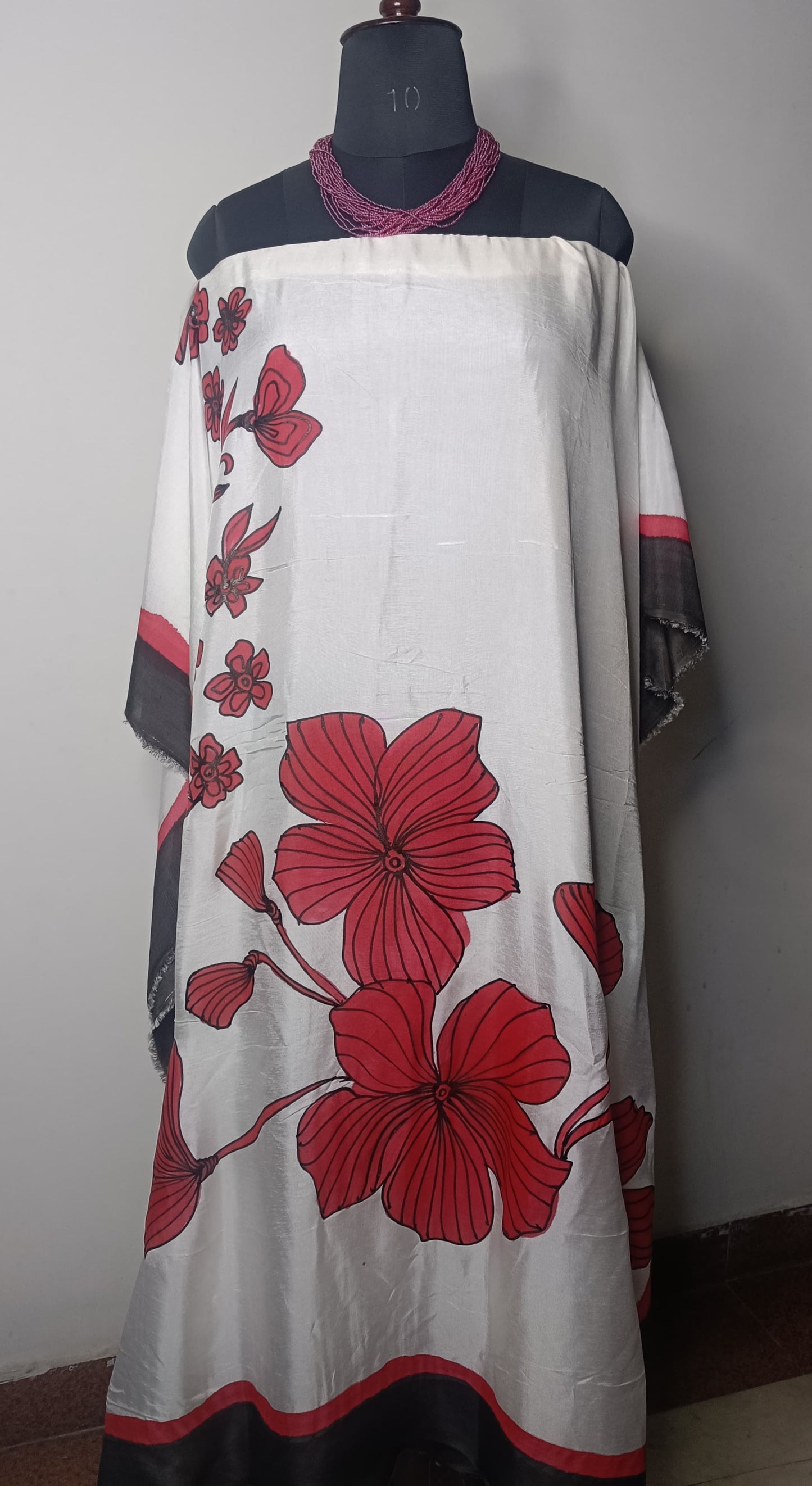Crimson Bloom Hand Painted Pure Muslin Kaftan Dress Material