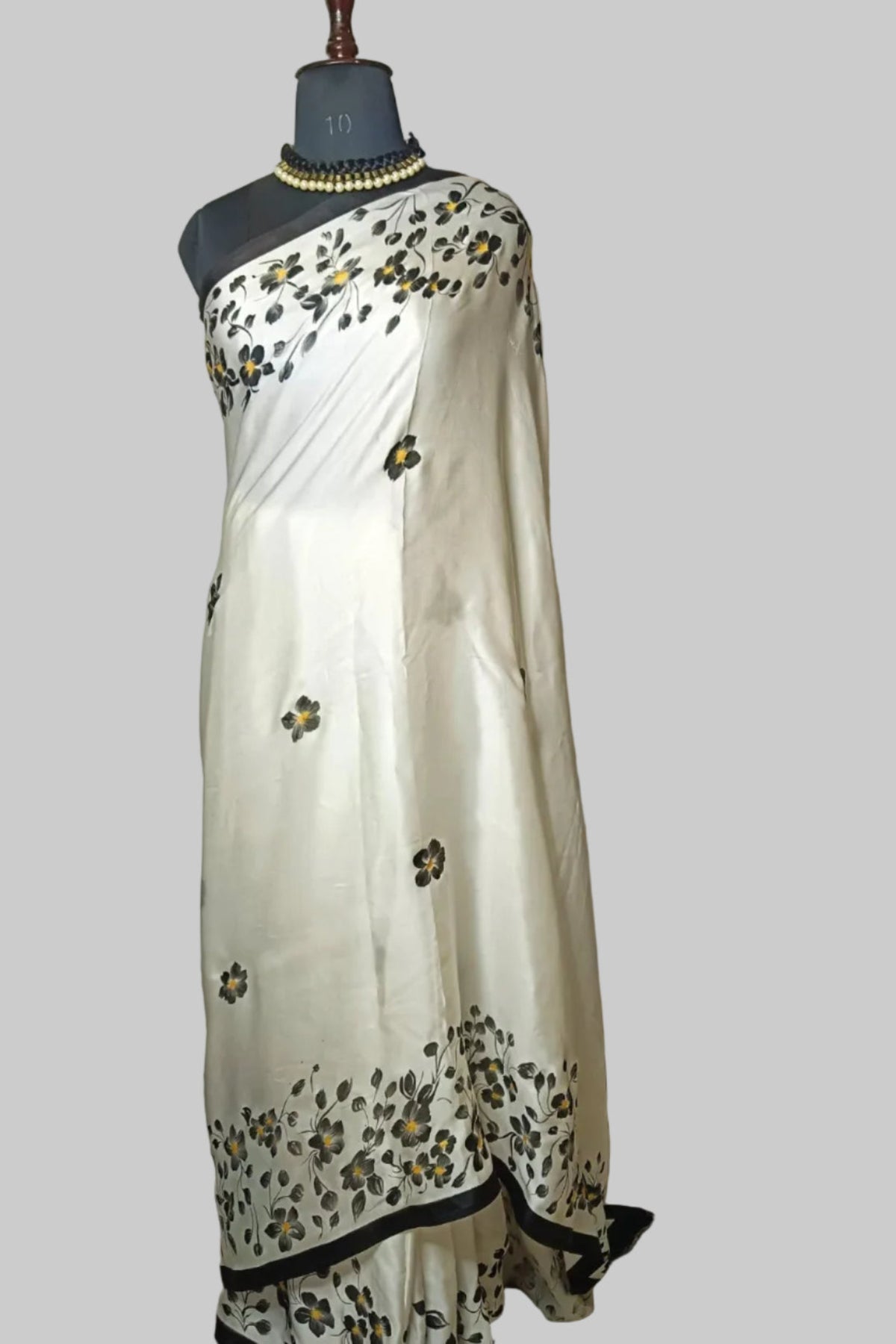 Midnight Florals Hand Painted Pure Modal Satin Saree with Blouse