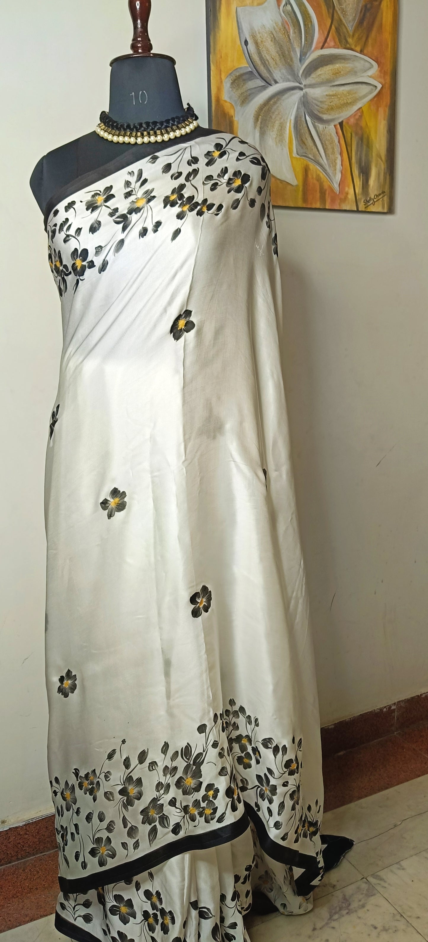 Midnight Florals Hand Painted Pure Modal Satin Saree with Blouse