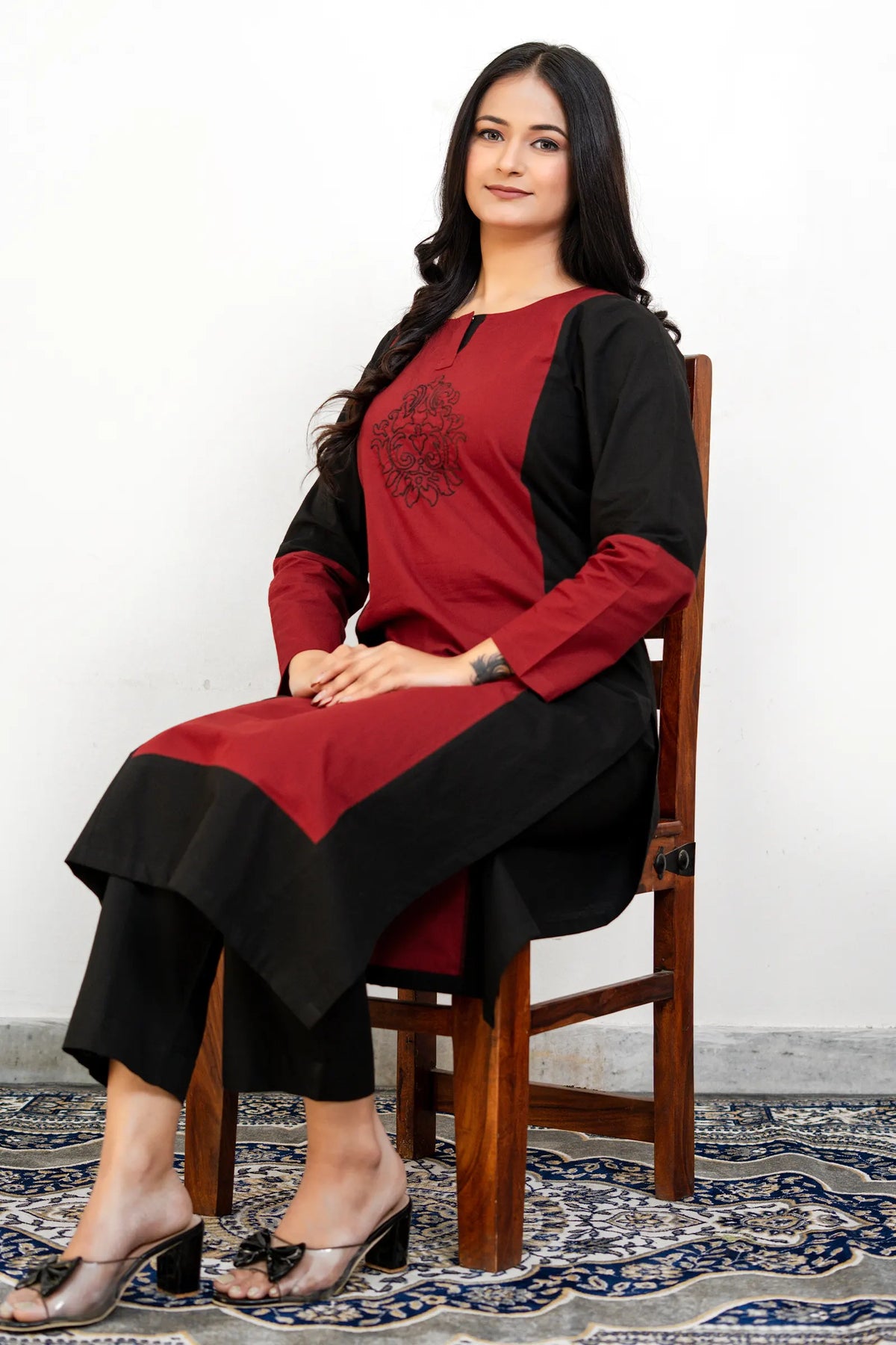 Dona Black Maroon Hand Embroidered Cotton Kurta Set