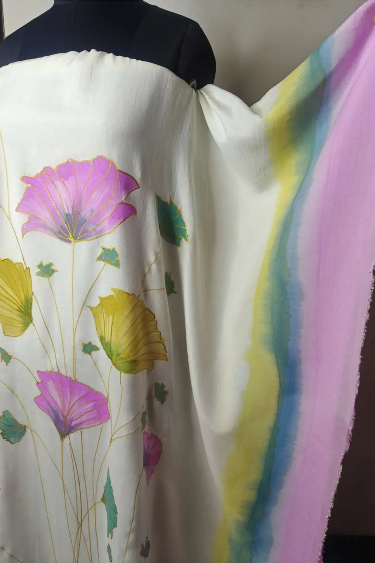 Floral Reverie Hand Painted Pure Muslin Kaftan Dress Material