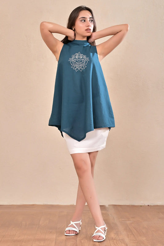 Noir Teal Hand Embroidered Cotton Top