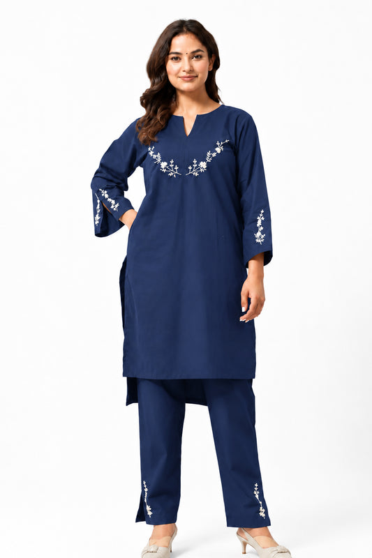 Sasha Hand Embroidered Blue Cotton Kurta Set