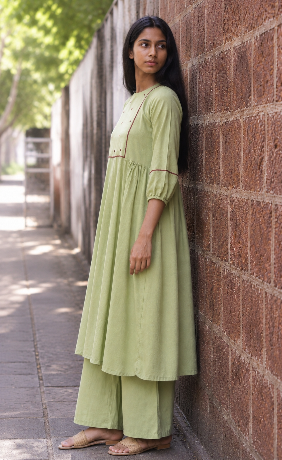 Gauri Sage Green Hand Embroidered Cotton Kurta Set