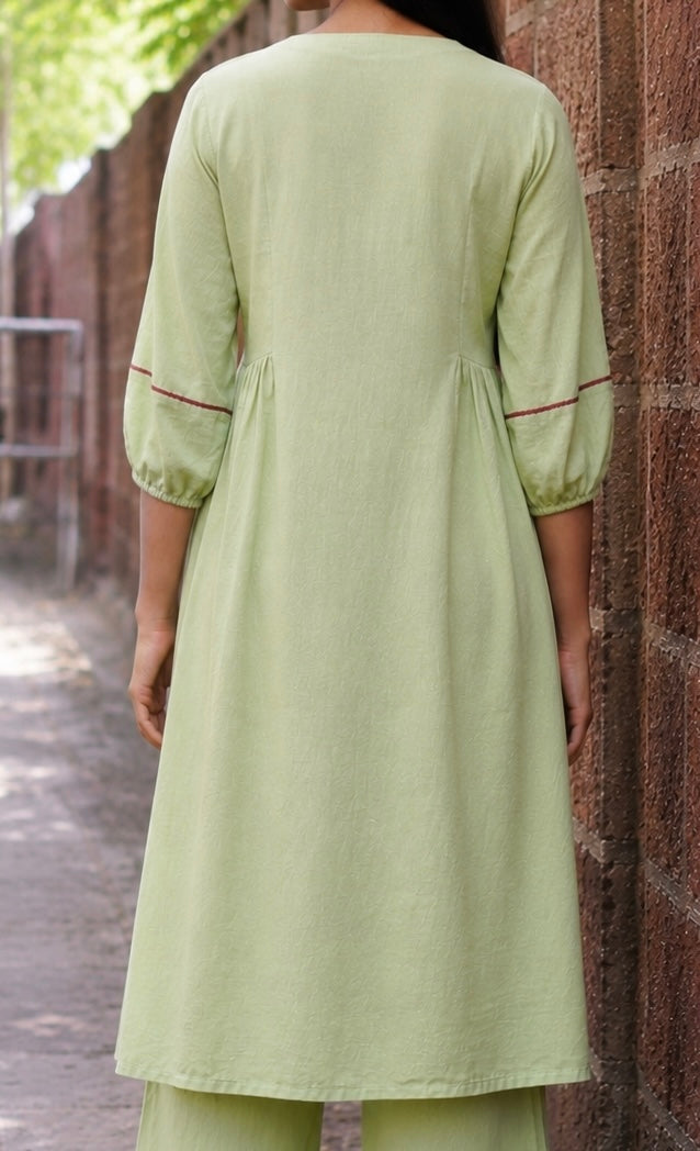Gauri Sage Green Hand Embroidered Cotton Kurta Set