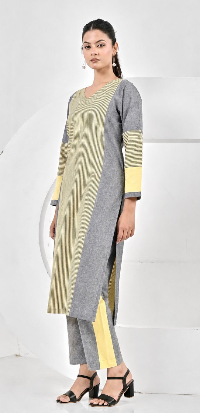 Aafia Yellow And Grey Handwoven Easy Fit Straight Kurta Set