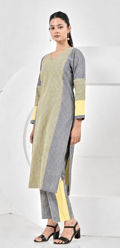 Aafia Yellow And Grey Handwoven Easy Fit Straight Kurta Set