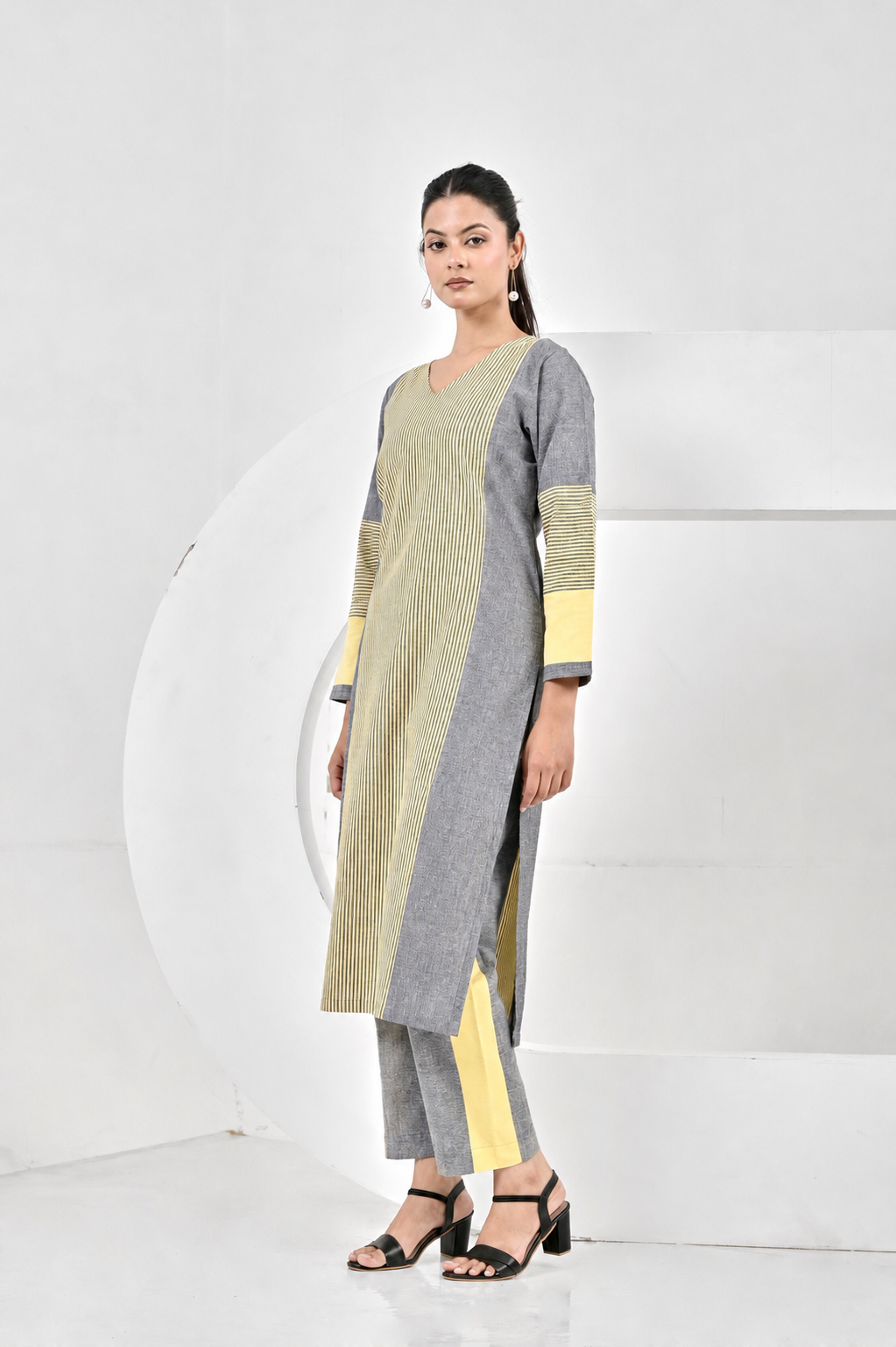 Aafia Yellow And Grey Handwoven Easy Fit Straight Kurta Set