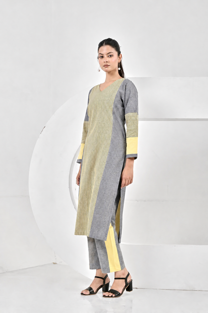 Aafia Yellow And Grey Handwoven Easy Fit Straight Kurta Set