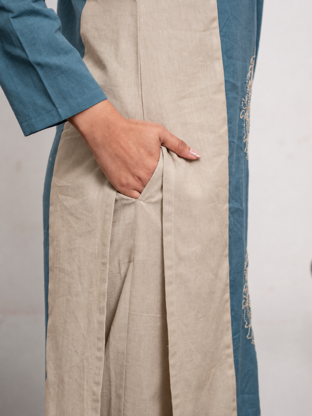 Mira Khaki And Teal Hand Embroidered Easy Fit Flex Cotton Kurta Set
