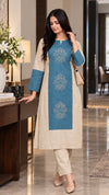Mira Khaki And Teal Hand Embroidered Easy Fit Flex Cotton Kurta Set