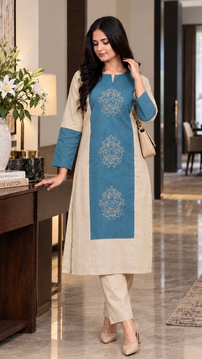 Mira Khaki And Teal Hand Embroidered Easy Fit Flex Cotton Kurta Set