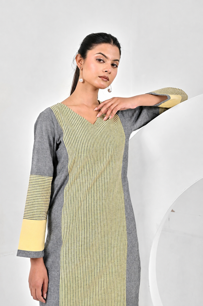 Aafia Yellow And Grey Handwoven Easy Fit Straight Kurta Set