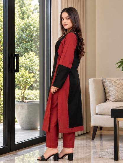 Dona Maroon Black Hand Embroidered Cotton Kurta Set