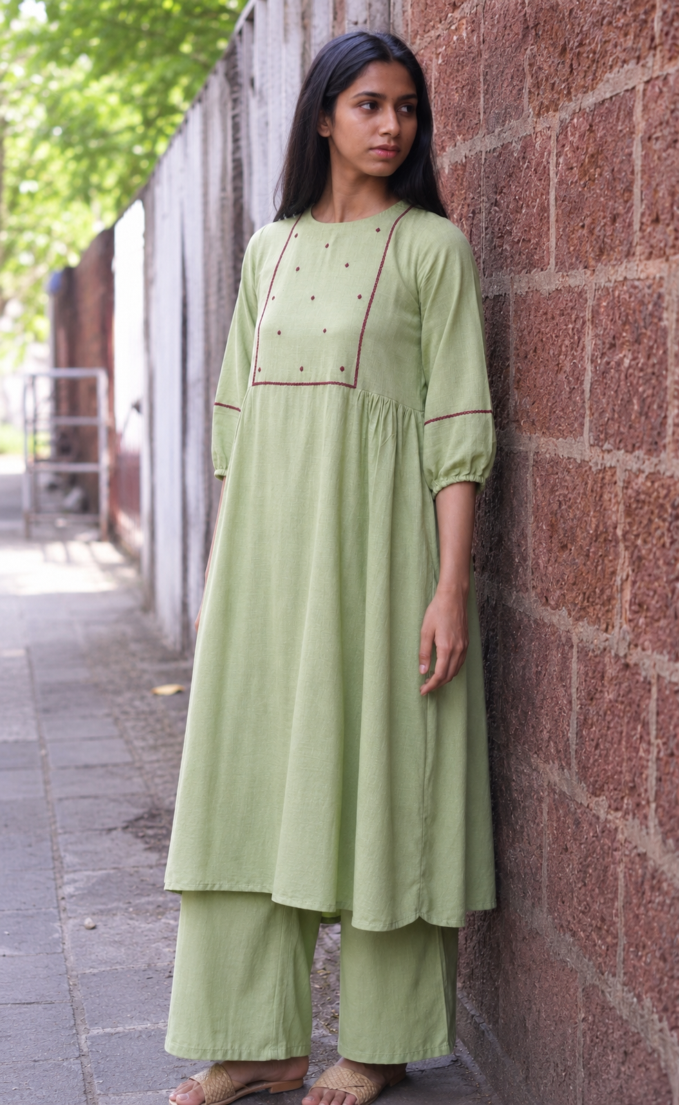 Gauri Sage Green Hand Embroidered Cotton Kurta Set