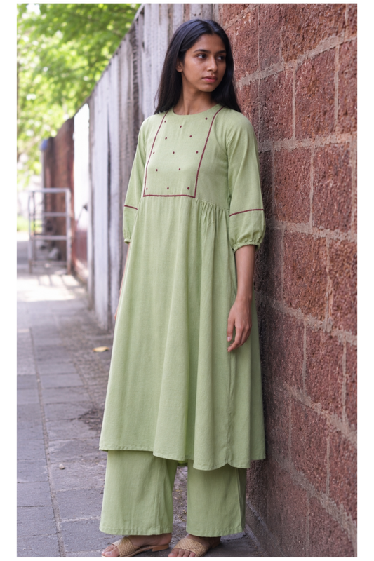 Gauri Sage Green Hand Embroidered Cotton Kurta Set