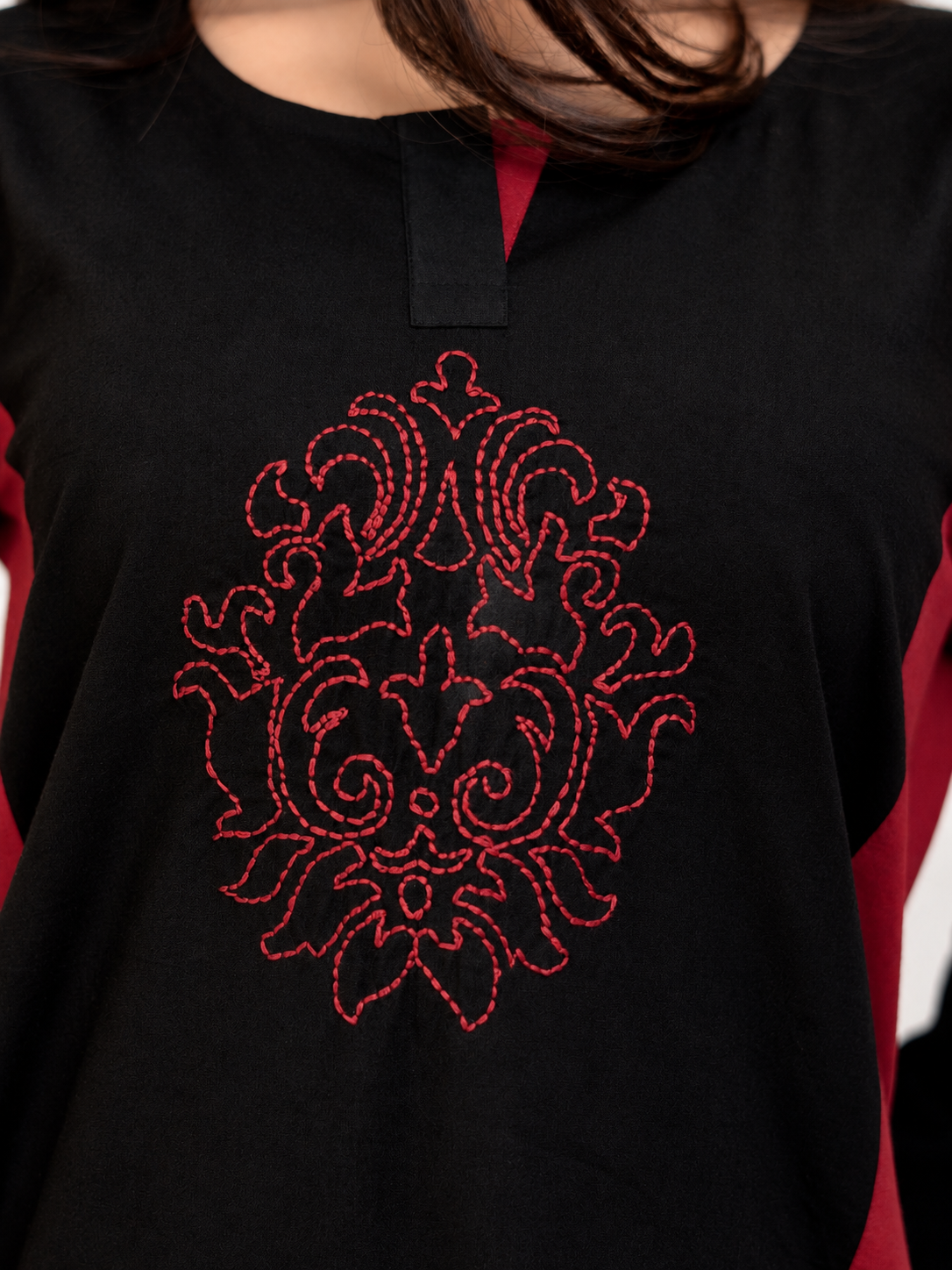 Dona Maroon Black Hand Embroidered Cotton Kurta Set