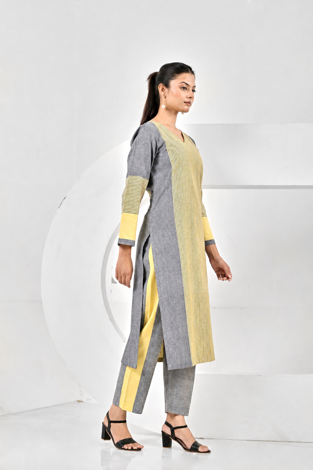 Aafia Yellow And Grey Handwoven Easy Fit Straight Kurta Set