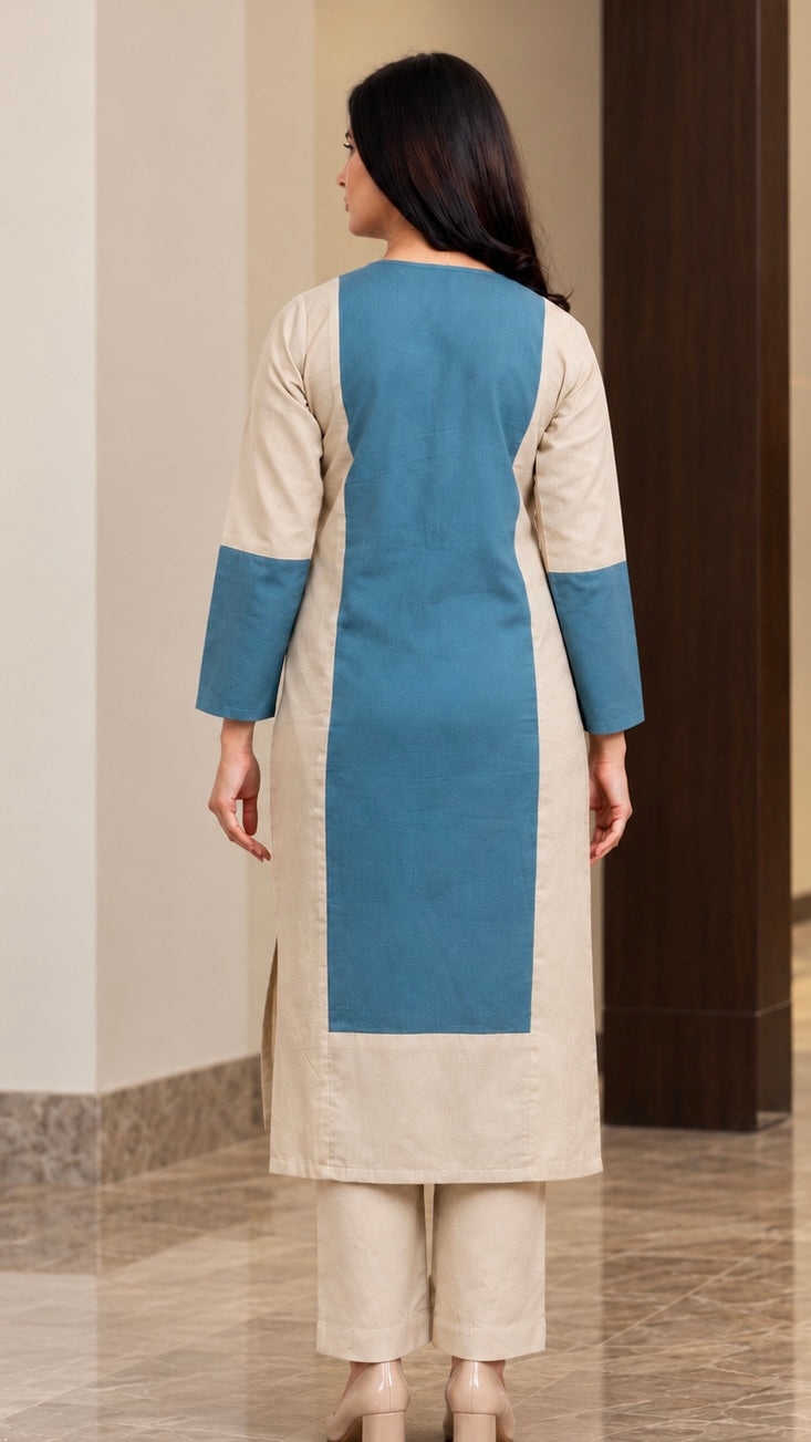 Mira Khaki And Teal Hand Embroidered Easy Fit Flex Cotton Kurta Set