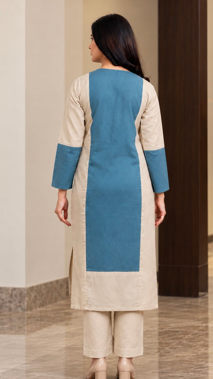 Mira Khaki And Teal Hand Embroidered Easy Fit Flex Cotton Kurta Set