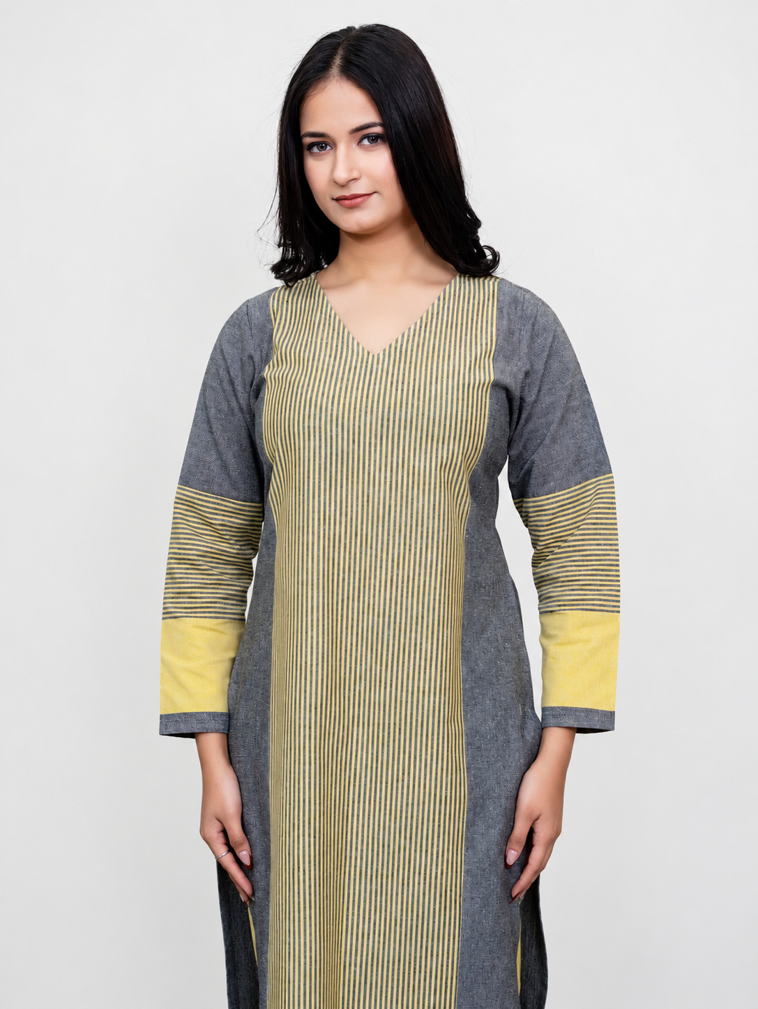 Aafia Yellow And Grey Handwoven Easy Fit Straight Kurta Set