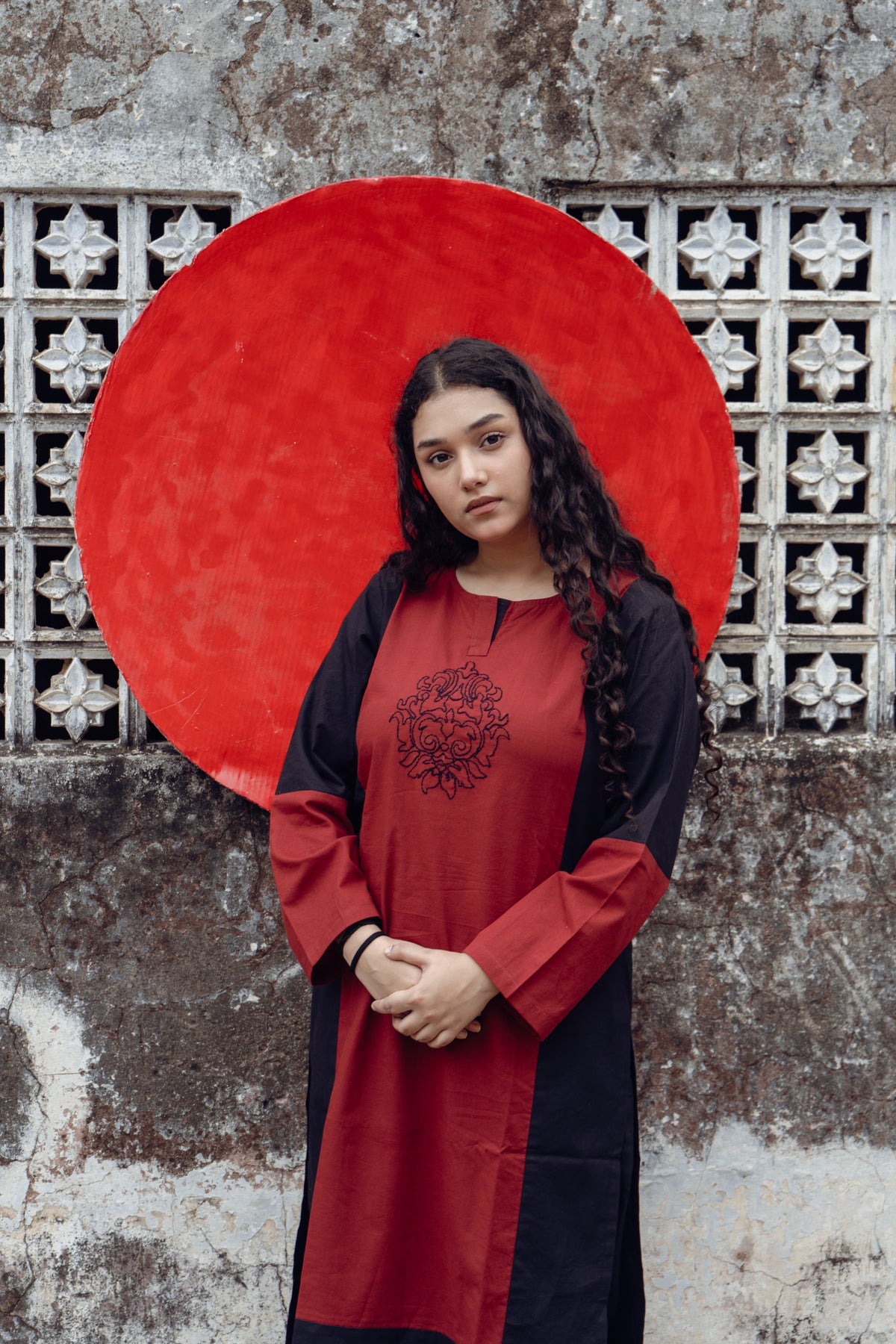 Dona Black Maroon Hand Embroidered Cotton Kurta Set