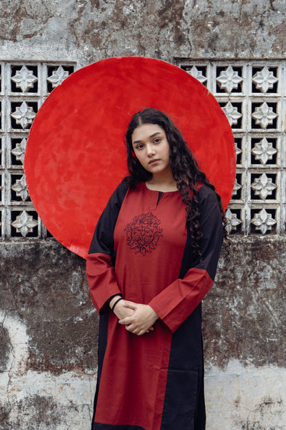 Dona Black Maroon Hand Embroidered Cotton Kurta Set