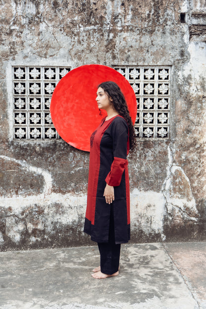 Dona Black Maroon Hand Embroidered Cotton Kurta Set