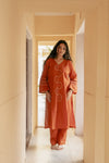 Rhea Rust Orange Hand Embroidered  Easy Fit Cotton Kurta Set