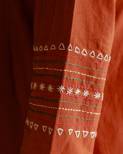 Rhea Rust Orange Hand Embroidered  Easy Fit Cotton Kurta Set
