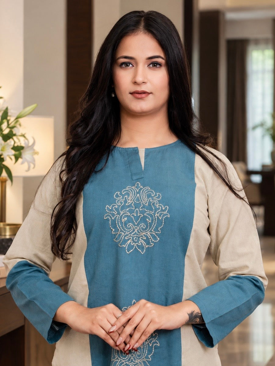 Mira Khaki And Teal Hand Embroidered Easy Fit Flex Cotton Kurta Set