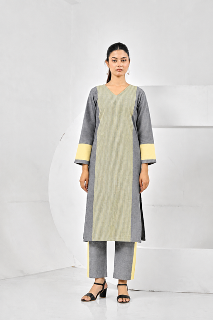 Aafia Yellow And Grey Handwoven Easy Fit Straight Kurta Set