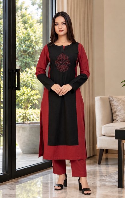 Dona Maroon Black Hand Embroidered Cotton Kurta Set