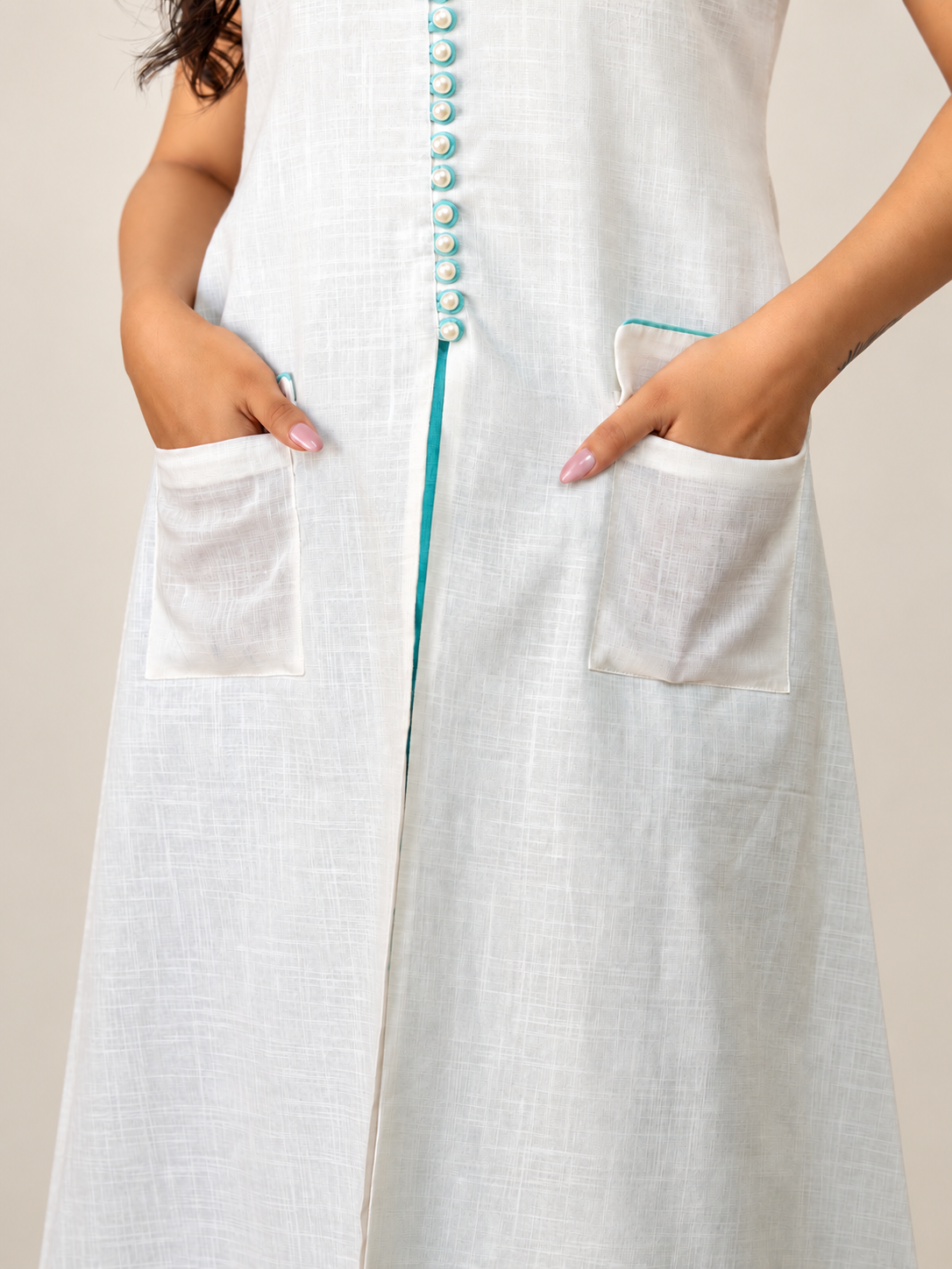 Elara Lucent White And Aqua Slub Cotton Kurta Set