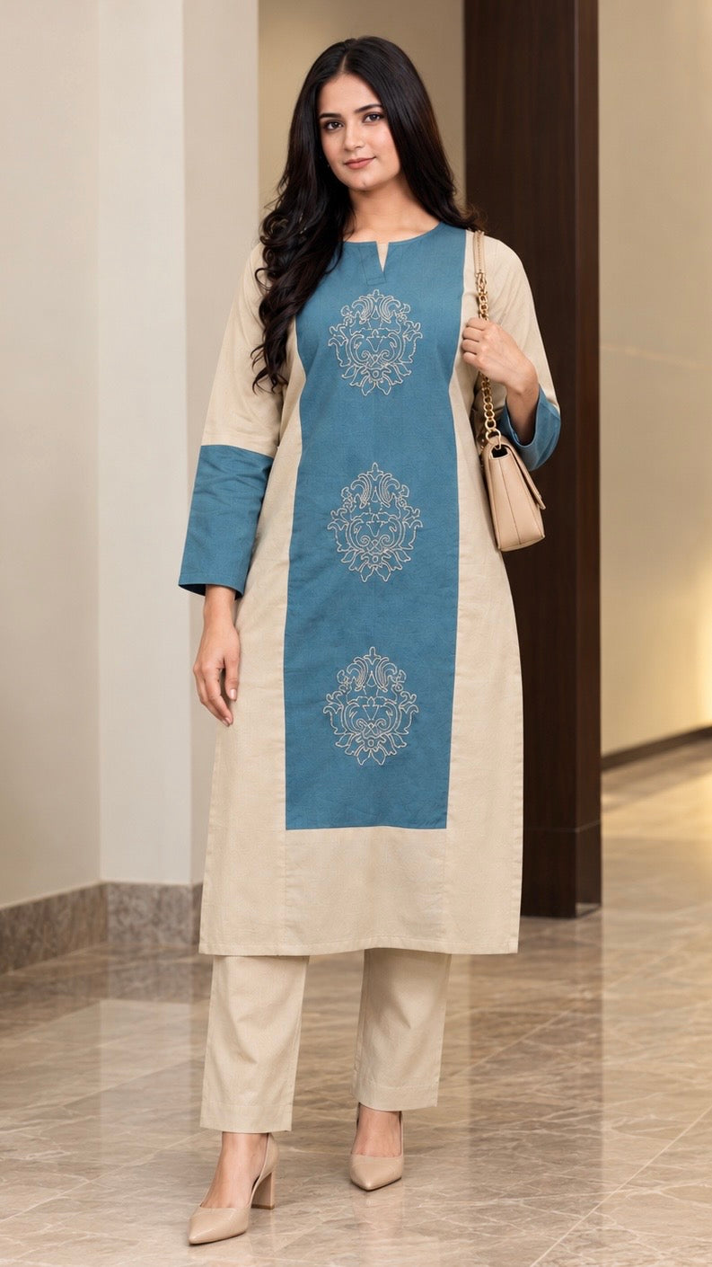 Mira Khaki And Teal Hand Embroidered Easy Fit Flex Cotton Kurta Set