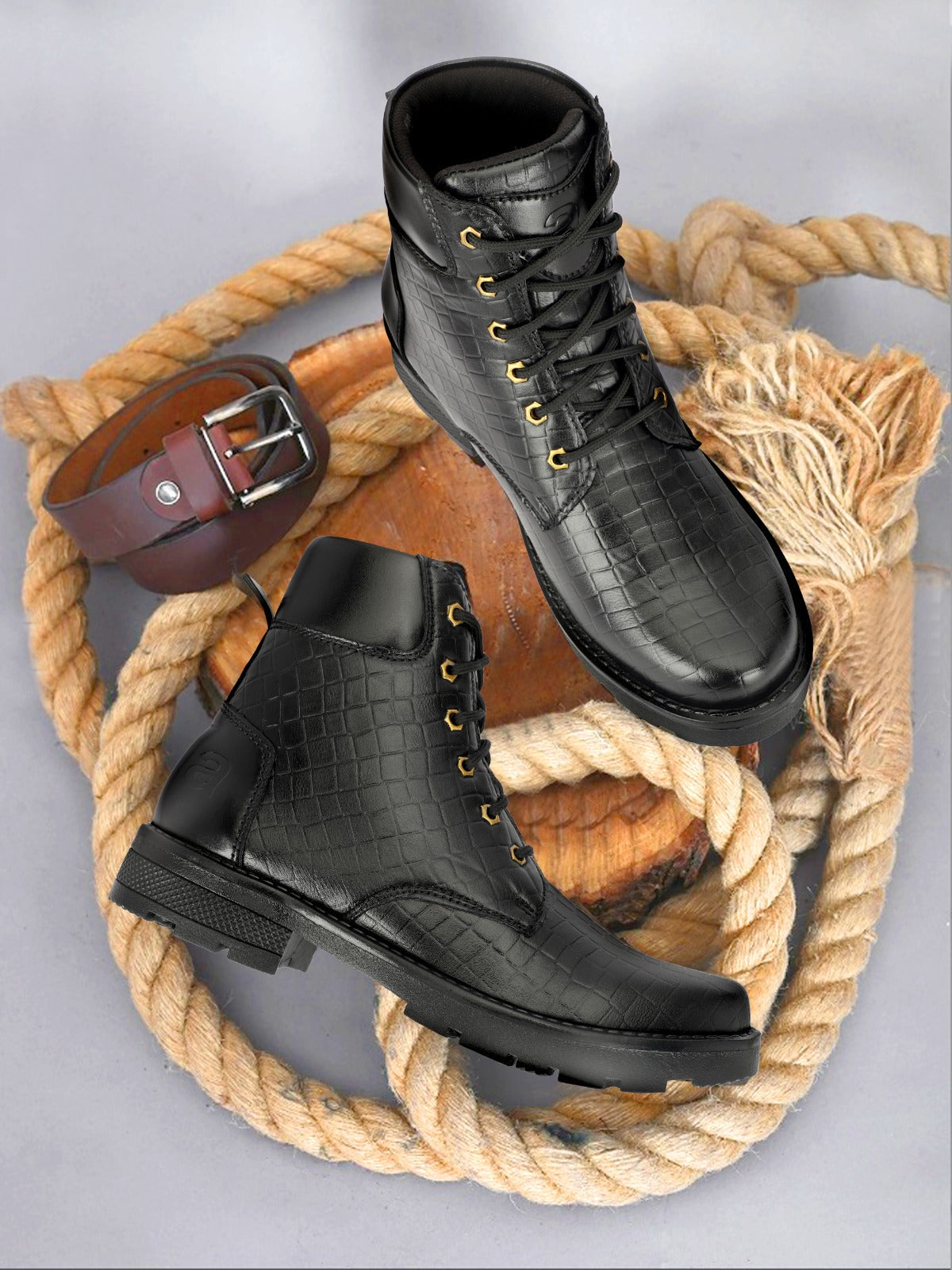 Premium Black Croc-Textured Leather Boots for Men