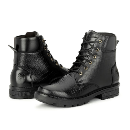 Premium Black Croc-Textured Leather Boots for Men