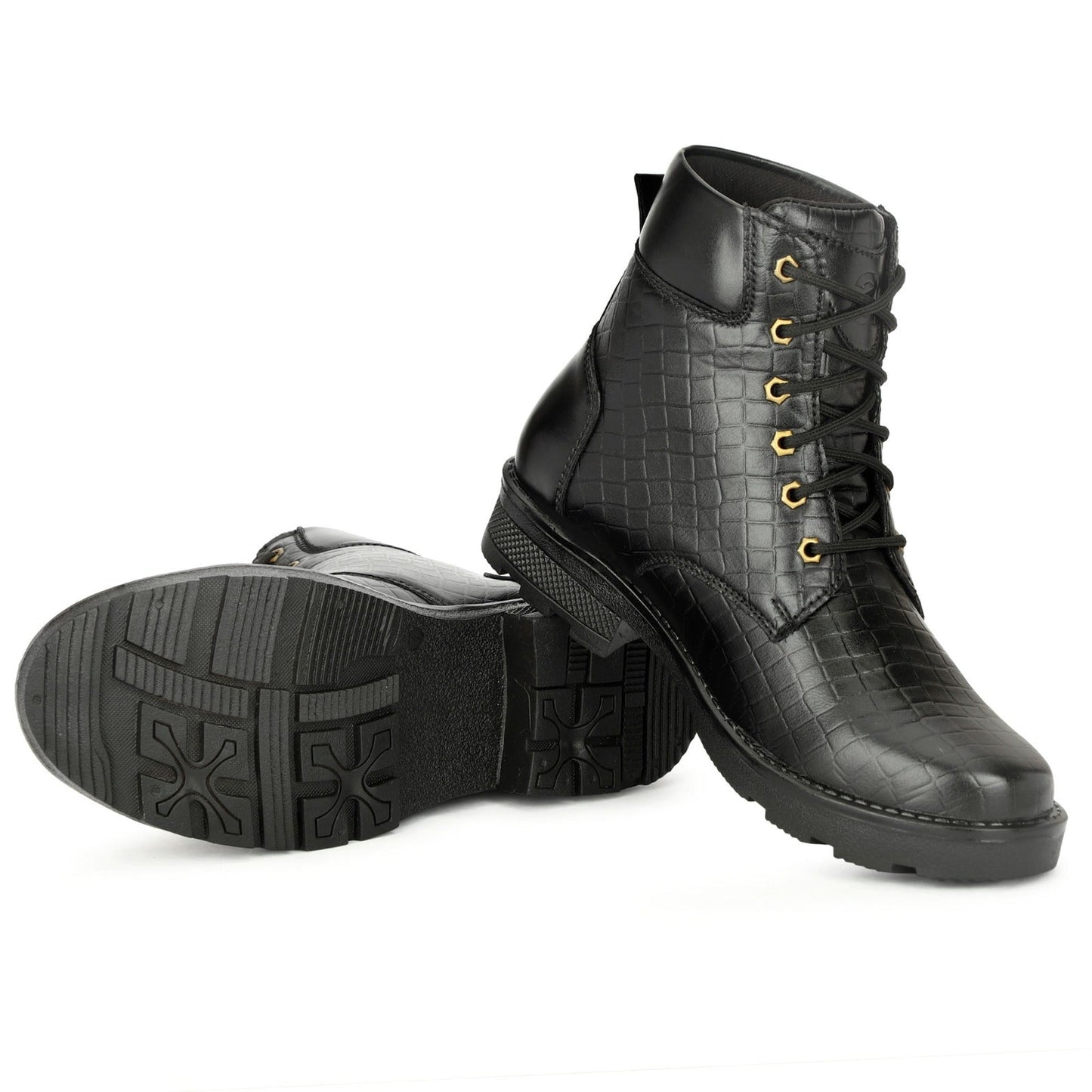 Premium Black Croc-Textured Leather Boots for Men