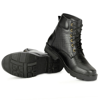 Premium Black Croc-Textured Leather Boots for Men