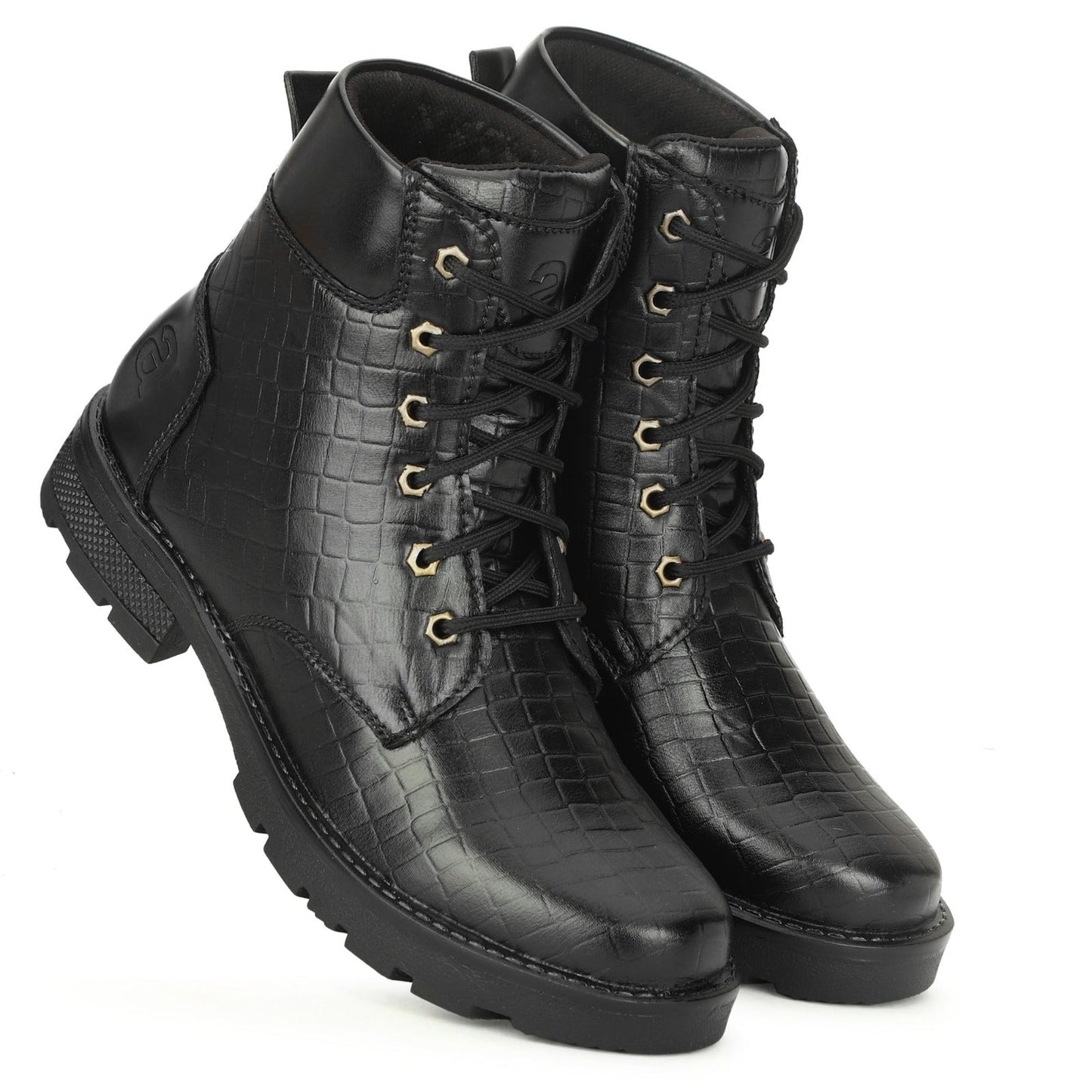 Premium Black Croc-Textured Leather Boots for Men