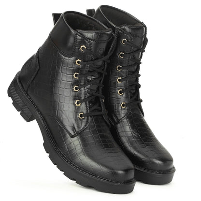 Premium Black Croc-Textured Leather Boots for Men