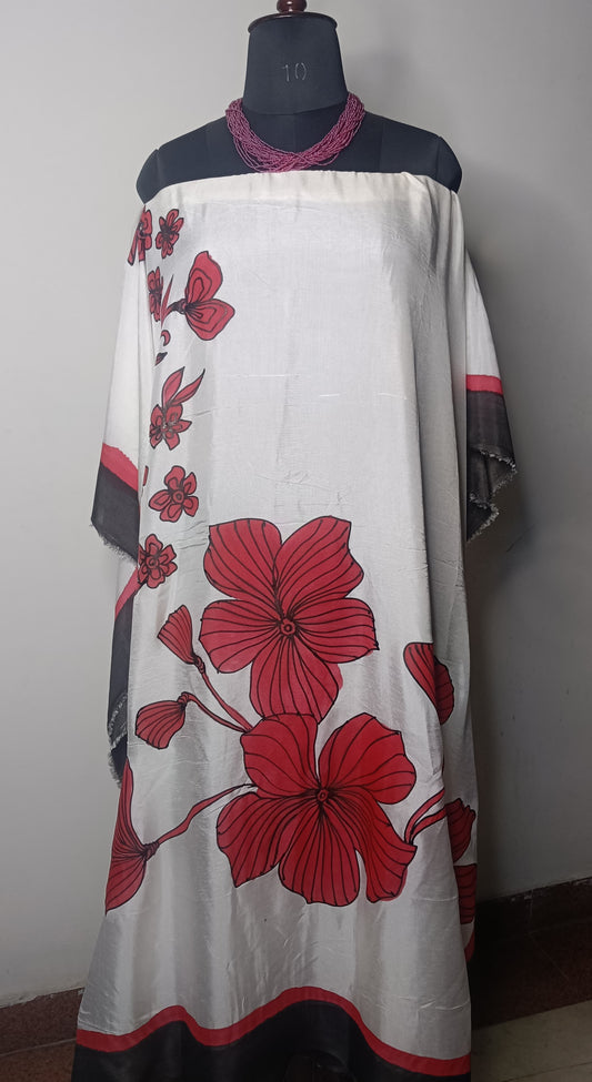 Crimson Bloom Hand Painted Pure Muslin Kaftan Dress Material
