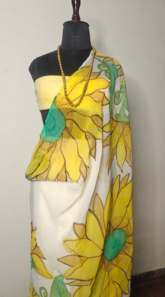 Bold Sunflower Pure Georgette Saree With Blouse