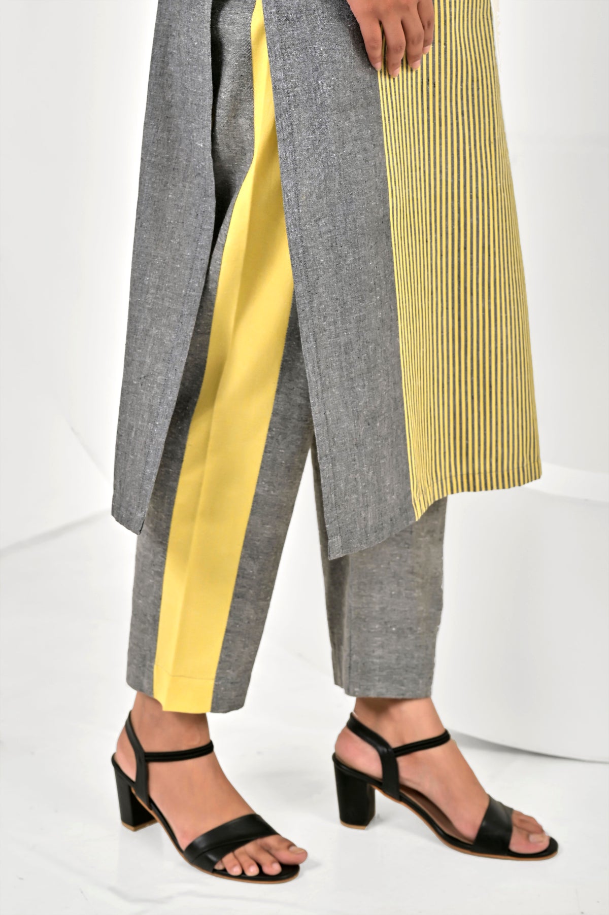 Aafia Yellow And Grey Handwoven Easy Fit Straight Kurta Set