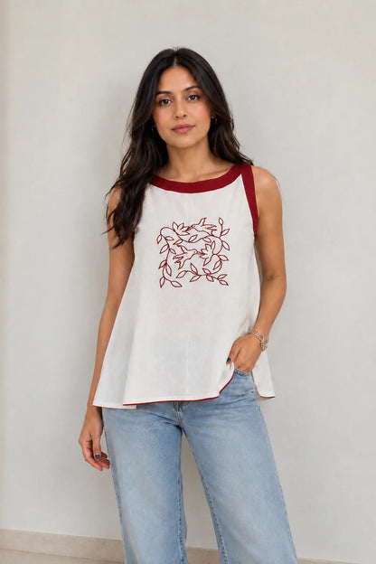 Pakhi Maroon Hand Embroidered Cotton Top